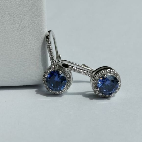 NEW Tanzanite CZ halo drop earrings in Sterling Silver lever back - Picture 3 of 7